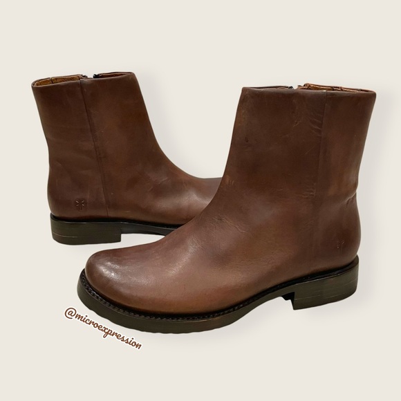 $359 Veronica Seam Short Brown Leather Moto Vintage Boho Zip Up Low Ankle Boot - Picture 3 of 11